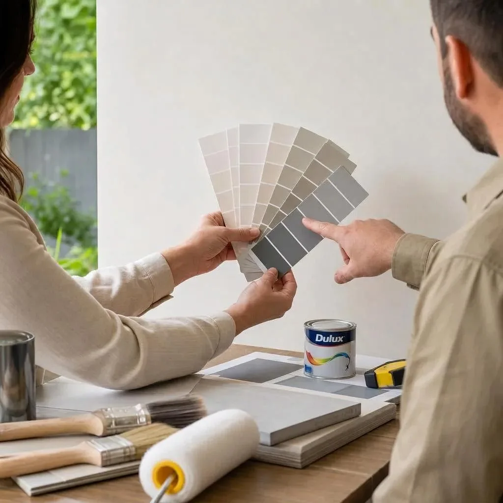 Painter in a sandy khaki shirt reviewing colour swatches beside a Dulux sample tin