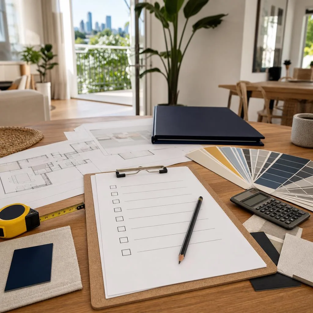 Residential painting plans, colour swatches and project checklist arranged on a table