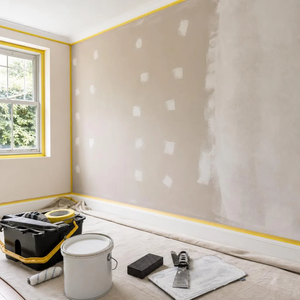 Prepared interior walls with filled patches, masking and organised surface-preparation tools