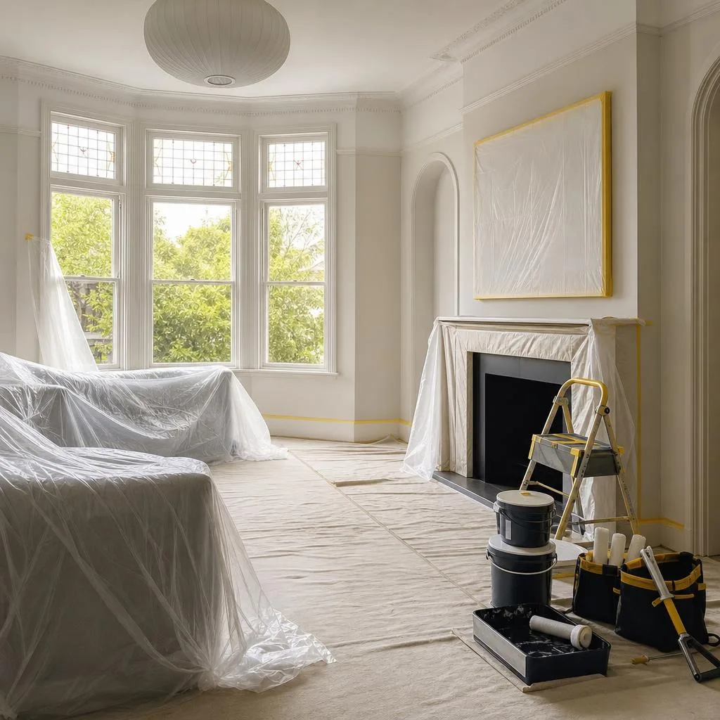 Interior space protected with drop sheets during a painting project