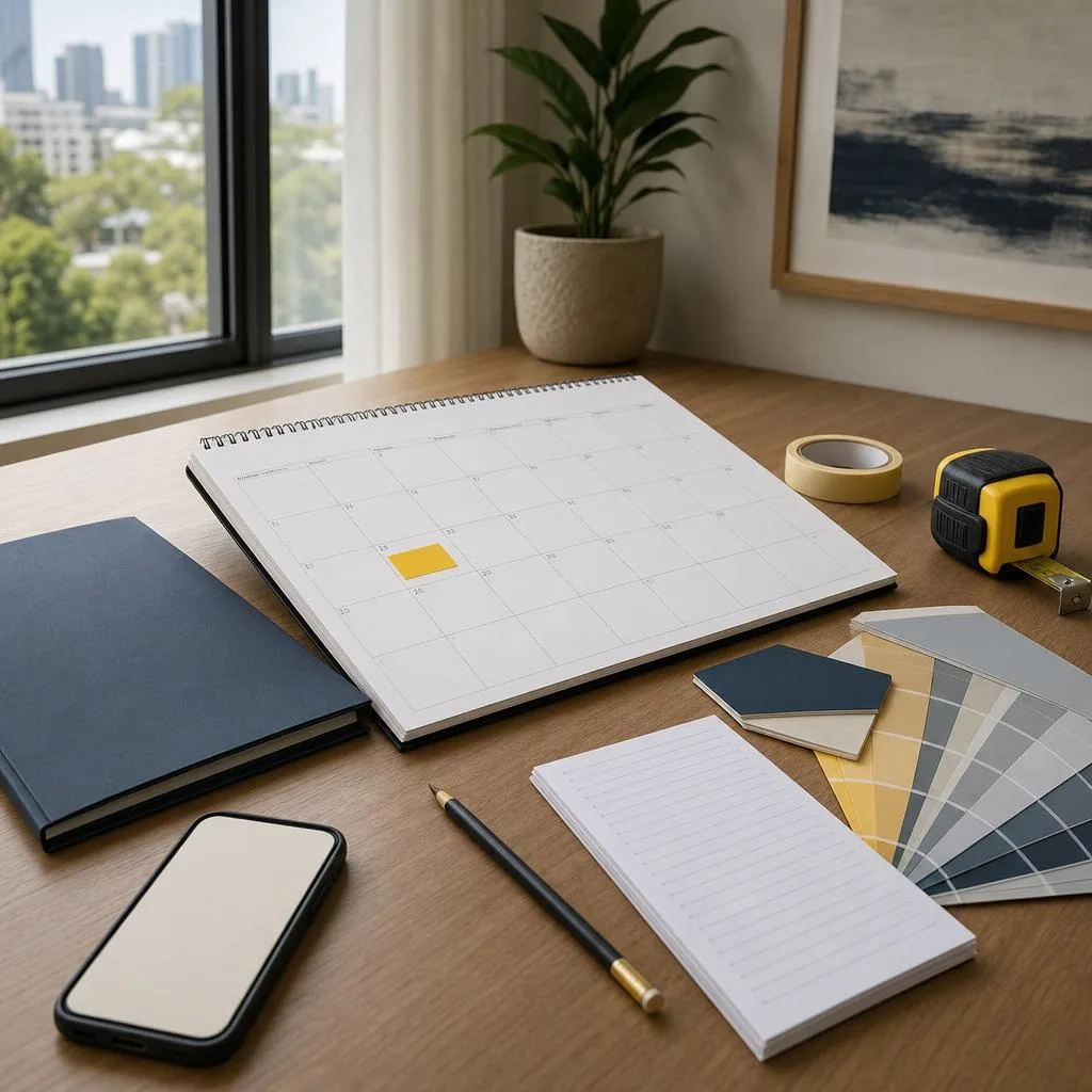 Project calendar, colour swatches and measuring tools arranged for scheduling