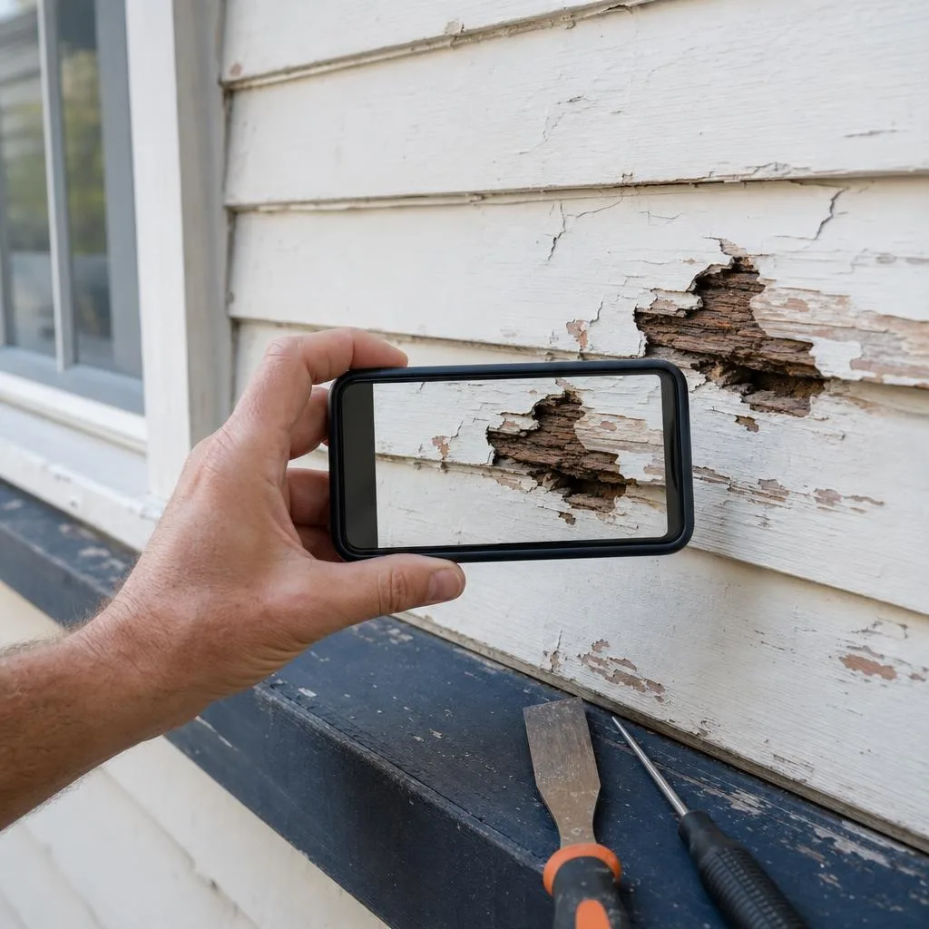 Painter photographing rotten timber and peeling paint on exterior weatherboards