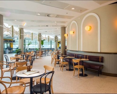 Large Brisbane hospitality venue with painted interior, seating areas, feature walls and lighting